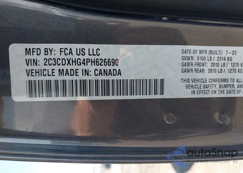 2023 Dodge Charger Gt из США, поврежденный, VIN 2C3CDXHG4PH626690